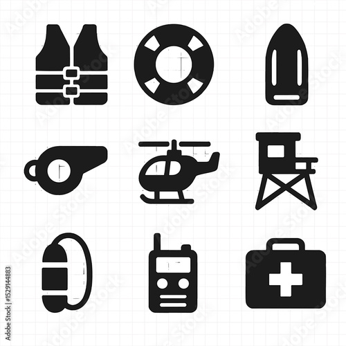 Water Safety Icons. Solid, Filled icon set of water safety and rescue: life jacket, lifebuoy, rescue board, signal whistle, rescue