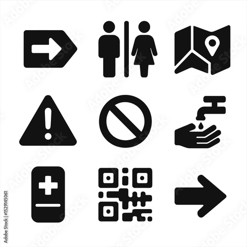 Wayfinding Icon Grid. Solid, Filled icon set of signage and wayfinding: exit sign, restroom sign, orientation map, warning sign,