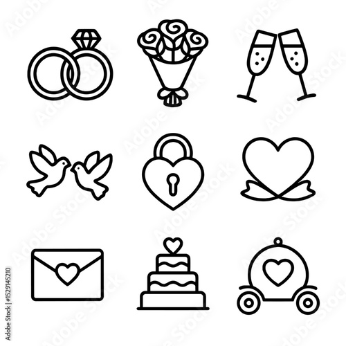 Wedding Icons Set. Outline icon set of wedding wishes: wedding rings, bouquet, champagne glasses, doves, heart lock, ribbon heart,