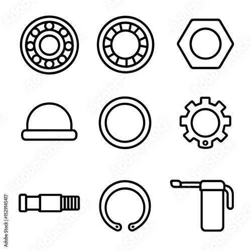 Wheel Bearings Icon Set. Outline icon set of wheel bearings and hardware: ball bearing, roller bearing, axle nut, grease cap,