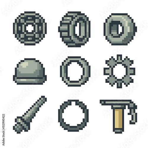 Wheel Bearings Pixel Art. Pixel art icon set of wheel bearings and hardware: ball bearing, roller bearing, axle nut, grease cap,