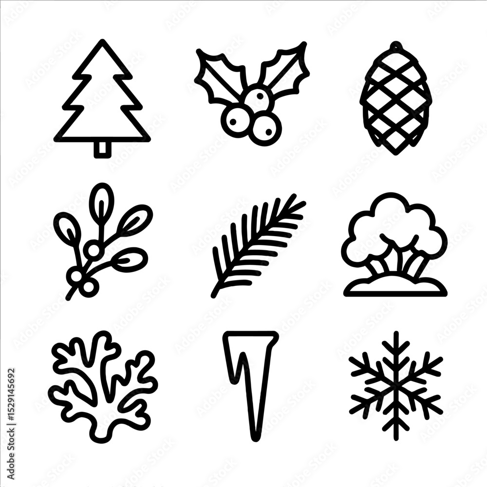 Fototapeta premium Winter Flora Icons. Outline icon set of winter mountain flora: pine tree, holly berry, fir cone, mistletoe, evergreen branch, snow