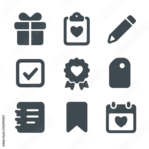 Wish List Icons. Flat icon set of wish list: gift box, clipboard, pencil, checkbox, ribbon, tag, notebook, bookmark, calendar.