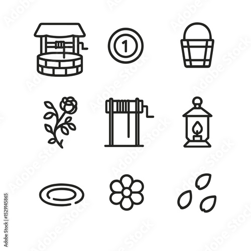 Wishing Well Icons. Outline icon set of wishing well: stone well, coin, bucket, rope, wooden cover, rose vine, lantern, water