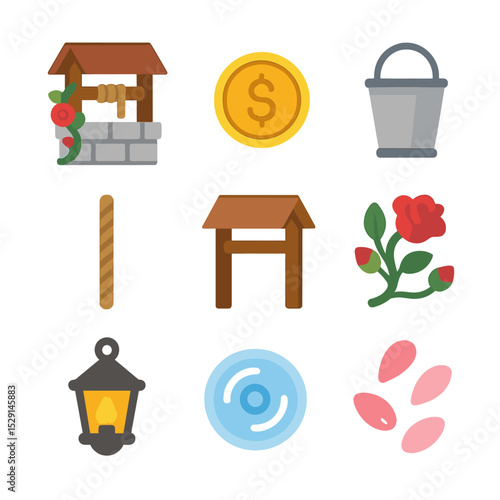 Wishing Well Icons. Flat icon set of wishing well: stone well, coin, bucket, rope, wooden cover, rose vine, lantern, water ripple,