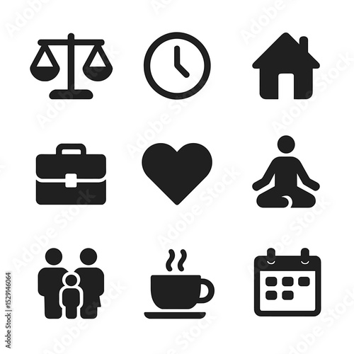 Work-Life Balance Icons. Flat icon set of work-life balance: scale, clock, house, briefcase, heart, yoga pose, family silhouette,
