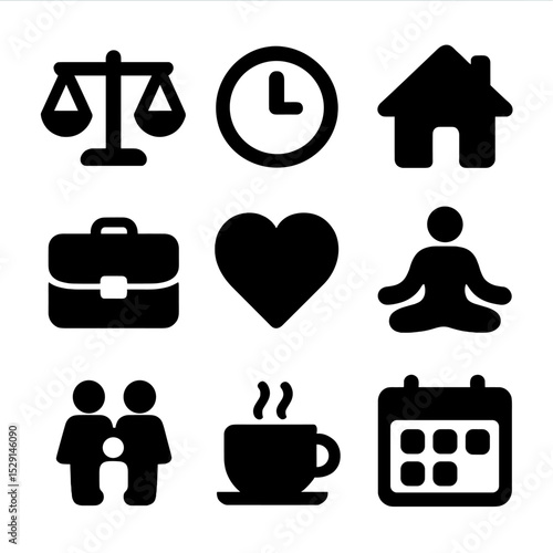 Work-Life Balance Icons. Solid, Filled icon set of work-life balance: scale, clock, house, briefcase, heart, yoga pose, family