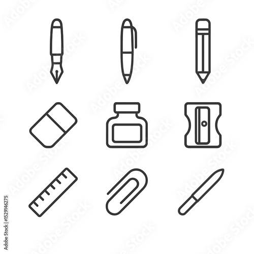 Writing Tools Icons. Outline icon set of writing tools: fountain pen, ballpoint pen, pencil, eraser, ink bottle, pencil sharpener,