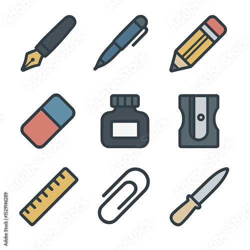 Writing Tools Icons. Flat icon set of writing tools: fountain pen, ballpoint pen, pencil, eraser, ink bottle, pencil sharpener,