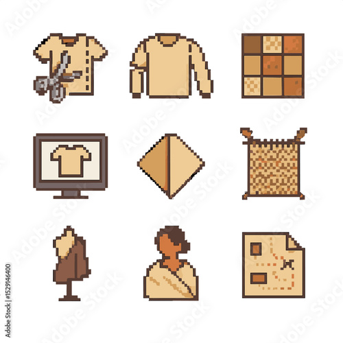 Zero Waste Icon Set. Pixel art icon set of zero waste design: pattern cutting, modular garment, scrap patchwork, digital pattern