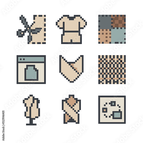 Zero Waste Icon Set. Pixel art icon set of zero waste design: pattern cutting, modular garment, scrap patchwork, digital pattern