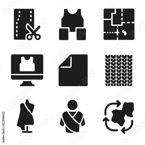 Zero Waste Icon Set. Solid, Filled icon set of zero waste design: pattern cutting, modular garment, scrap patchwork, digital