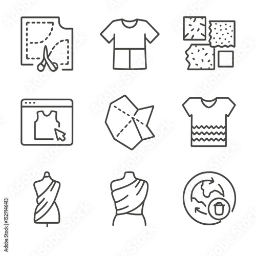 Zero Waste Icon Set. Outline icon set of zero waste design: pattern cutting, modular garment, scrap patchwork, digital pattern