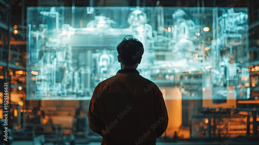 Factory worker viewing a holographic projection of machine internals, showcasing predictive maintenance technology and proactive issue resolution Factory worker viewing a holographic projection of machine internals, showcasing predictive maintenance technology and proactive issue resolution