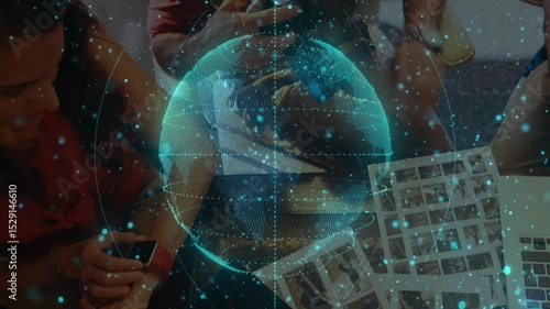 Wallpaper Mural After pointing portrait frame designers scanning sheets using laptop and rotating holographic globe Torontodigital.ca