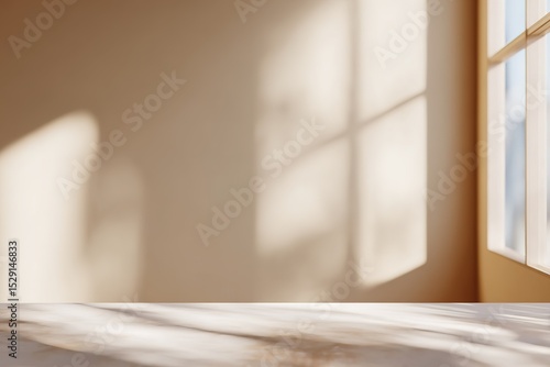 Beige Room Interior With Marble Table And Sunlight