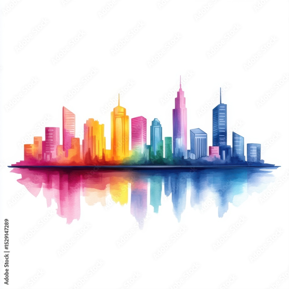 Fototapeta premium Colorful Watercolor City Skyline with Reflection on White Background