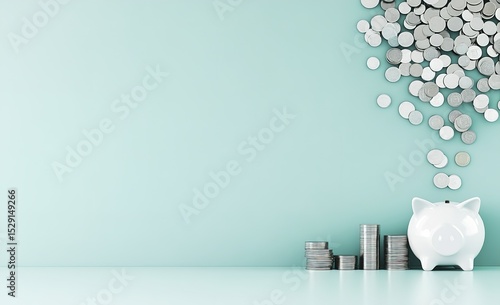 Light Teal Background With Piggy Bank And Falling Coins