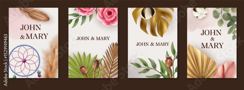 Boho Realistic Wedding Invitation Vertical cards Set