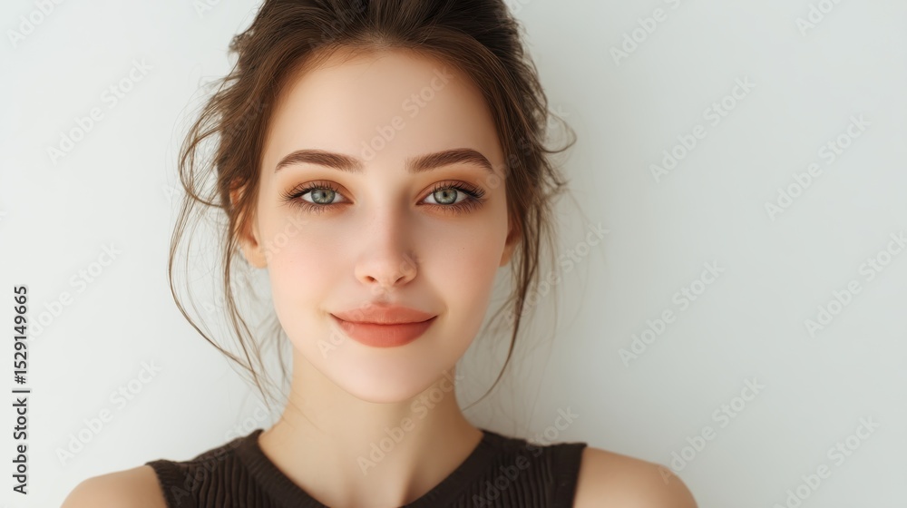 Portrait of a Smiling Young Woman With Green Eyes Against a White Wall, Depicting Natural Beauty and Personal Wellness : Generative AI Portrait of a Smiling Young Woman With Green Eyes Against a White Wall, Depicting Natural Beauty and Personal Wellness : Generative AI