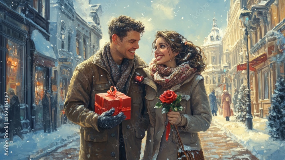 Fototapeta premium Happy couple in a winter city with gifts, creating a romantic atmosphere. Suitable for articles about holiday traditions and romantic moments.