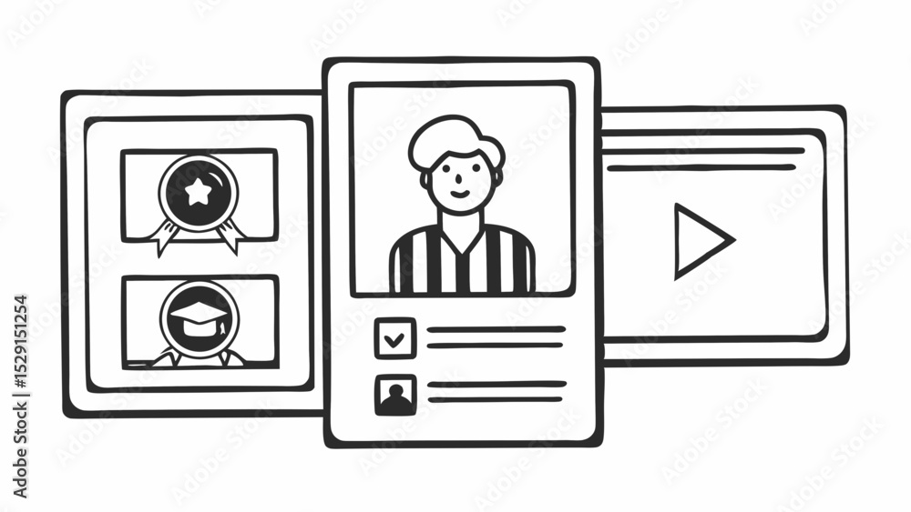 Fototapeta premium Hand-Drawn Online Learning and Gamification Concept: User Profile, Achievements, and Video Content