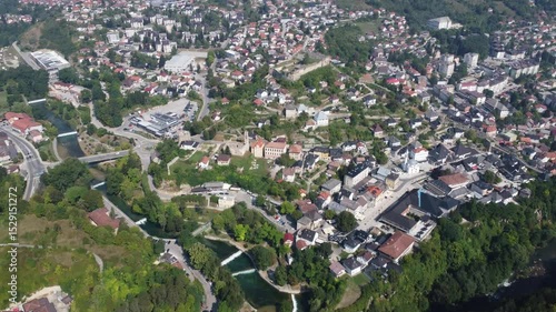 Flying over the fortress and city of Jajce in Bosnia and Herzegovina