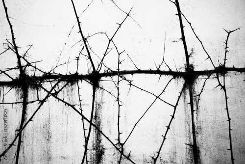 Black and white thorny vine on weathered wall