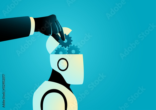 Human Hand Adjusting Robot Brain Gears, AI programming and machine learning concept.
