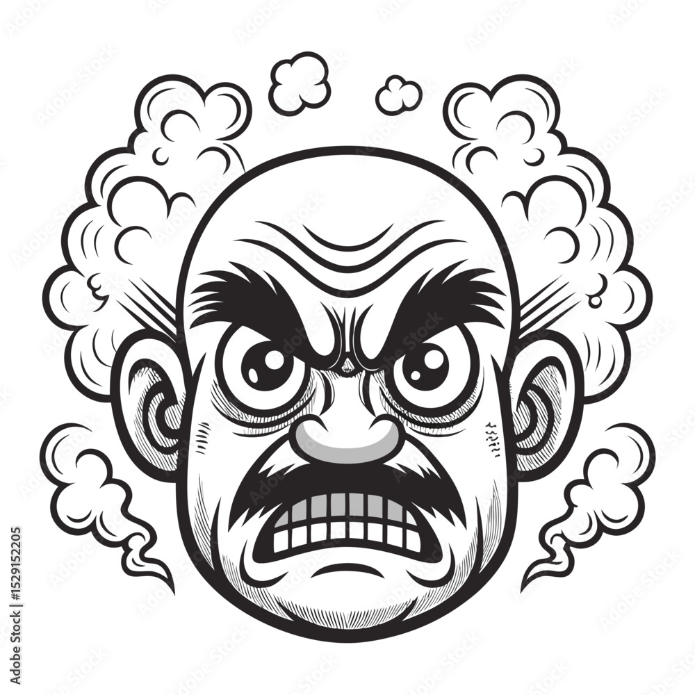 Create a vibrant cartoon illustration of an enraged face, steaming ears, exaggerated features, showcasing intense fury. Create a vibrant cartoon illustration of an enraged face, steaming ears, exaggerated features, showcasing intense fury.