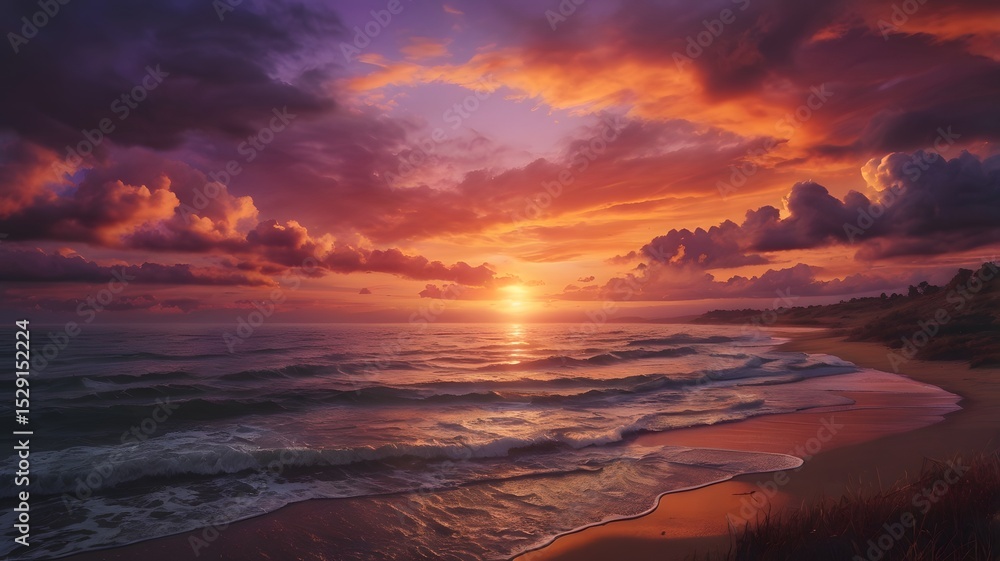 Beautiful Sunset Beach Scene with Vibrant Pink Orange Sky and Calm Waves Beautiful Sunset Beach Scene with Vibrant Pink Orange Sky and Calm Waves