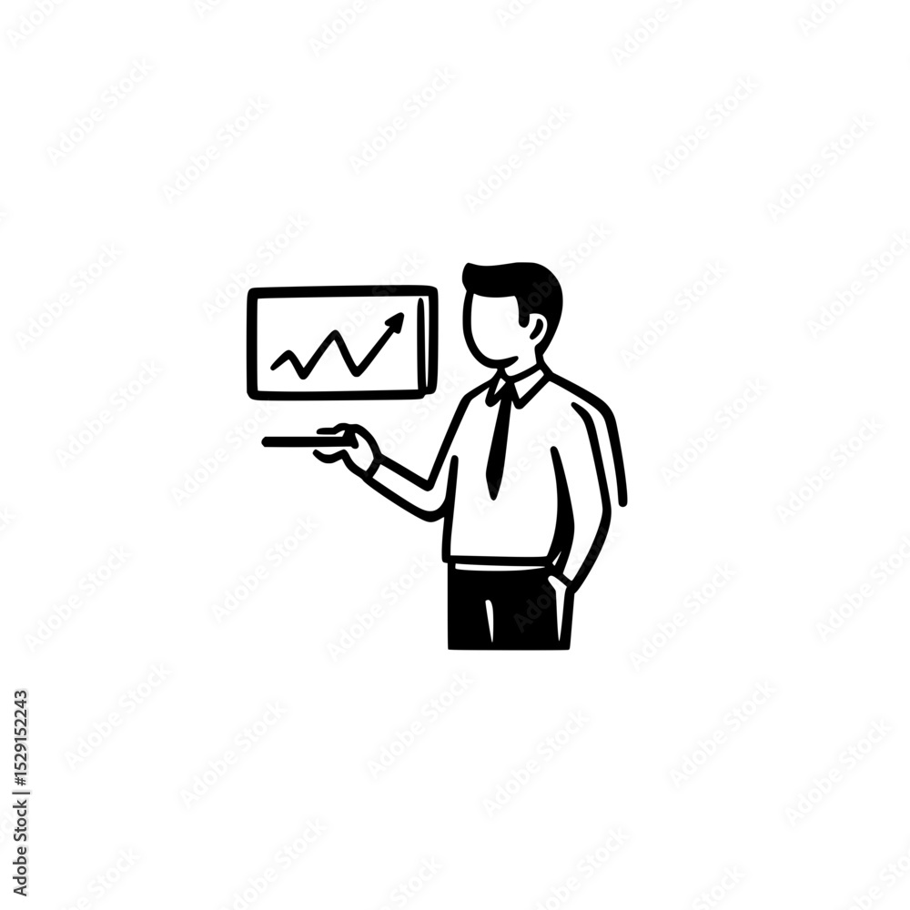 Businessman explaining on whiteboard icon representing presentation Businessman explaining on whiteboard icon representing presentation