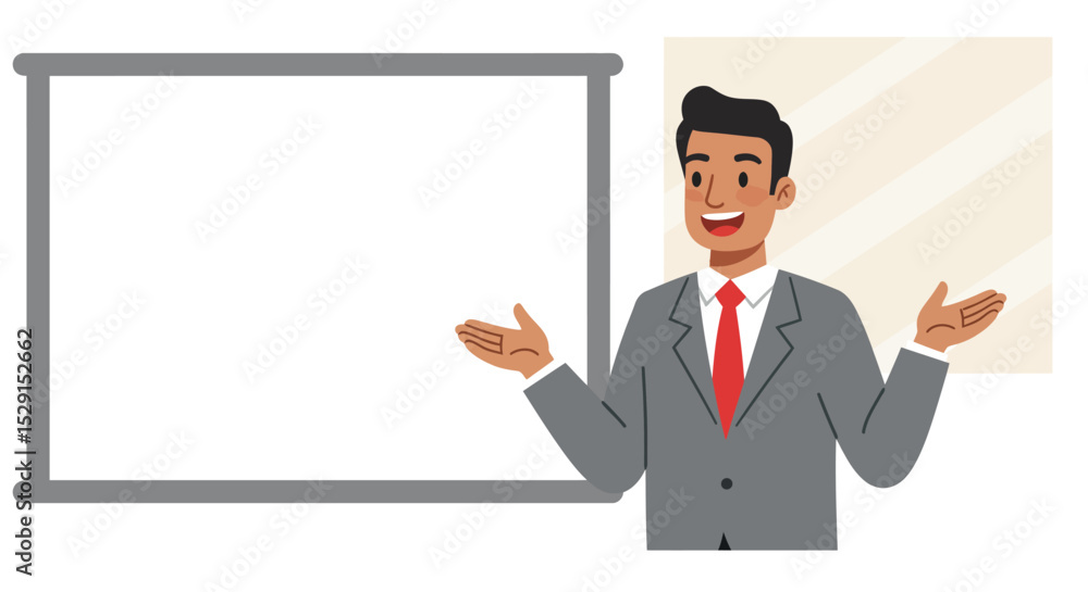 Businessman Giving Presentation in Front of Blank Whiteboard Businessman Giving Presentation in Front of Blank Whiteboard
