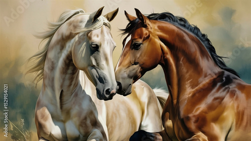 A detailed digital painting of two horses in an intimate pose against a soft, muted background.
