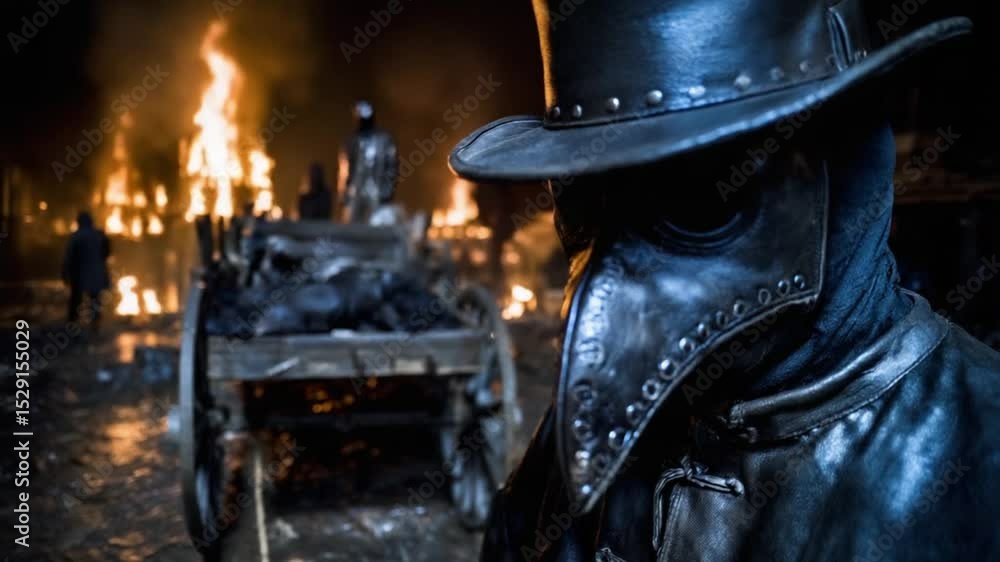 A figure in a traditional plague doctor costume stares into the chaos ...