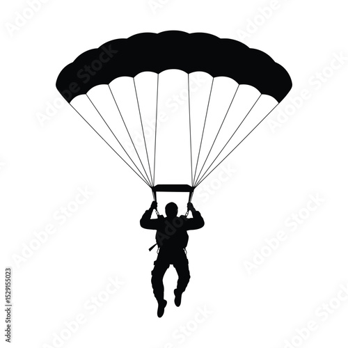 Parachuting Silhouette: Man Jumping with Parachute, Black and White Skydiving Icon