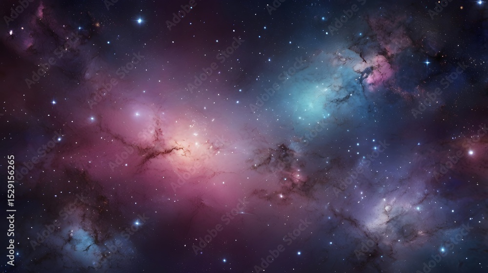 Naklejka premium Colorful Galaxy Space Scene with Bright Stars and Nebulae in Deep Blue and Pink Tones