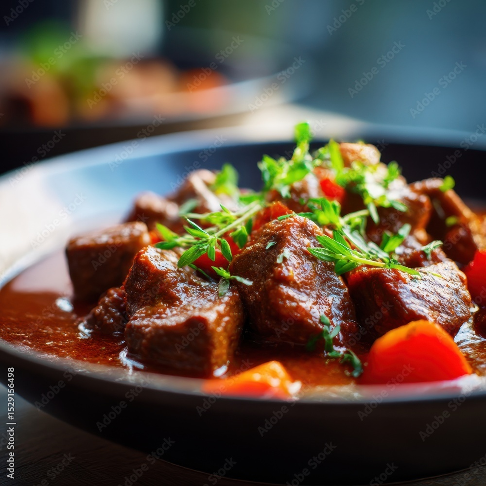 closeup shot ready to serve goulash with shallow soft natural light closeup shot ready to serve goulash with shallow soft natural light