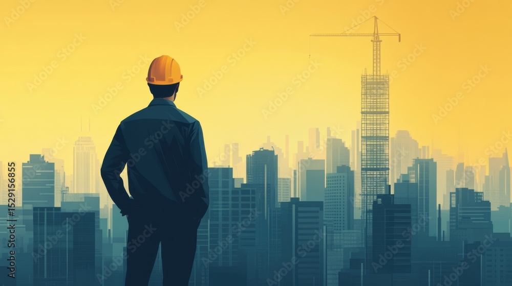 Fototapeta premium Construction Worker Overlooks Urban Landscape During Golden Hour Sunset