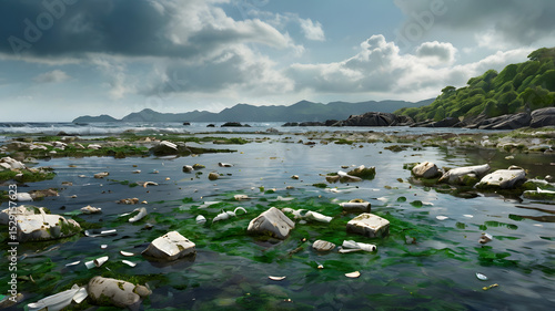 Wallpaper Mural Ultra-detailed close-up of a polluted coastal area during low tide. The shoreline is covered with various types of plastic waste such as bottles, cups, containers, and bags Torontodigital.ca
