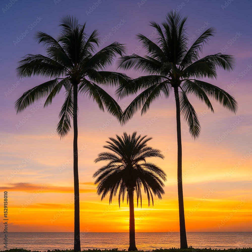 Majestic silhouetted palm trees frame a vibrant summer sunset on the beach Majestic silhouetted palm trees frame a vibrant summer sunset on the beach