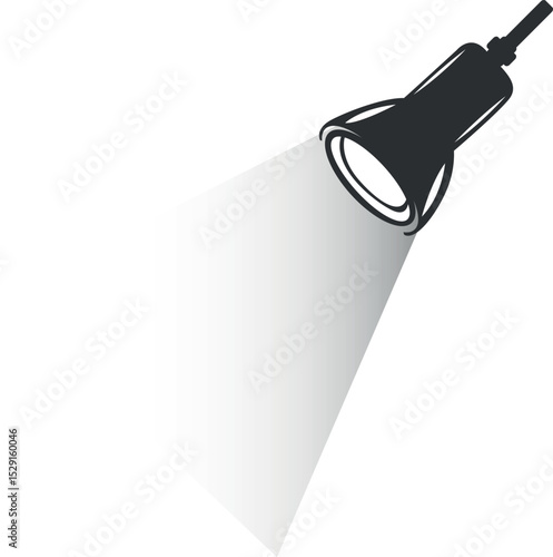 Vector Illustration of Black Spotlight with Beam on White Background, 3d render of a light bulb