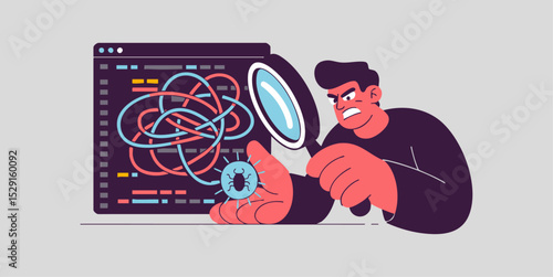developer debugging code with magnifying glass, vector illustration for problem solving and software development