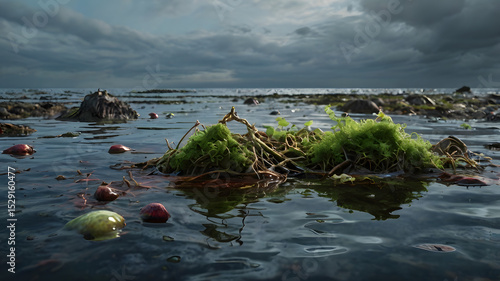 Wallpaper Mural Ultra-detailed close-up of a polluted coastal area during low tide. The shoreline is covered with various types of plastic waste such as bottles, cups, containers, and bags Torontodigital.ca