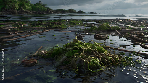 Wallpaper Mural Ultra-detailed close-up of a polluted coastal area during low tide. The shoreline is covered with various types of plastic waste such as bottles, cups, containers, and bags Torontodigital.ca