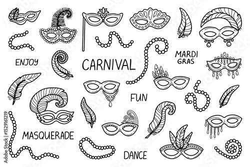 Carnival accessories set. Hand drawn doodle vector. Masquerade mask, feathers, beads. Vintage holiday costume. Secret face. Festival decoration. Holiday fashion. Illustration line art group elements.