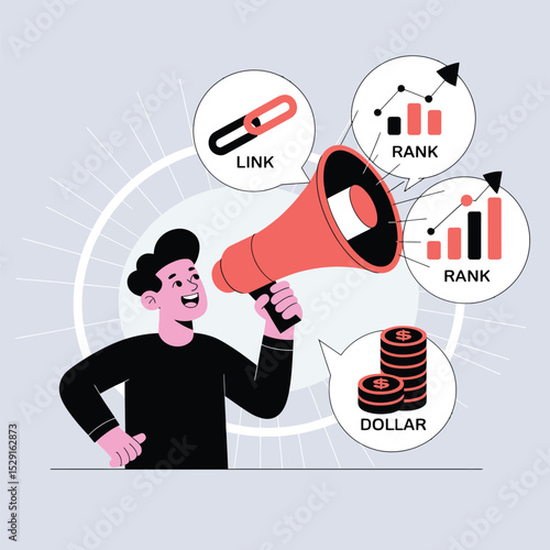 Man announcing increased website rank and dollar income through link building