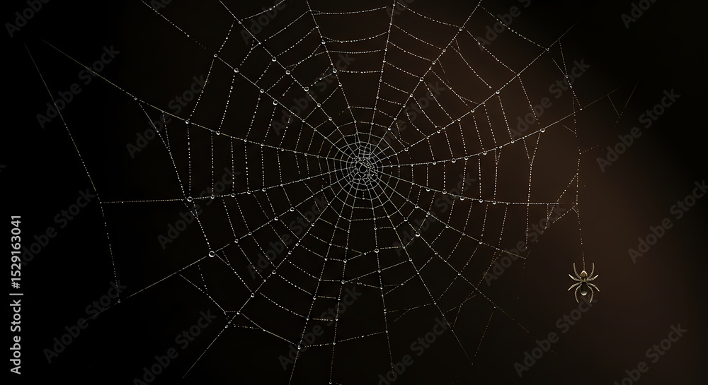 Fototapeta premium Spider web with dew drops illuminated against a dark background 