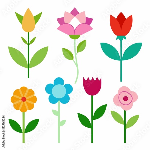 Collection of stylized geometric flowers in various colors on a white background vector illustration