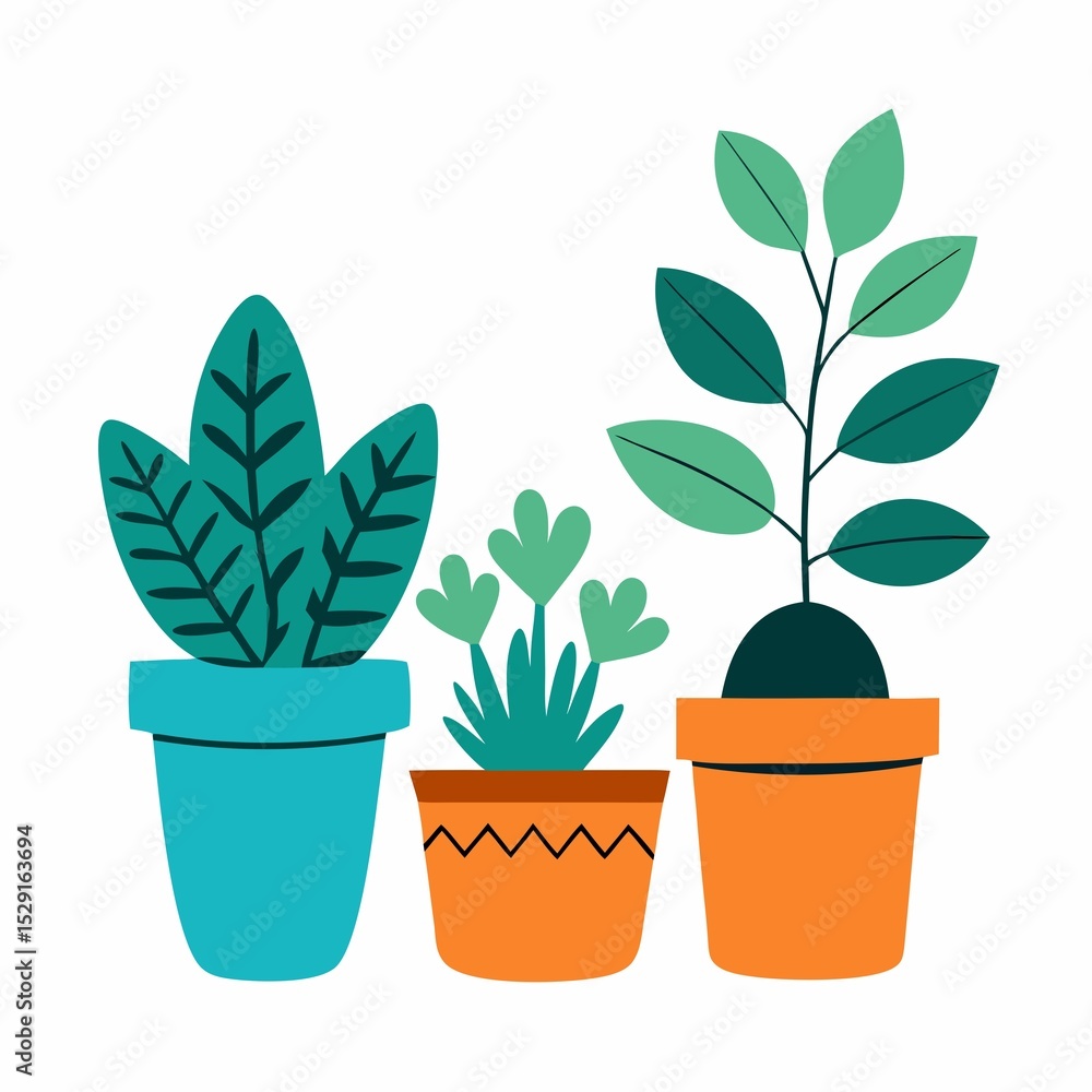 Three Potted Plants Illustration with Green Leaves and Colorful Pots Three Potted Plants Illustration with Green Leaves and Colorful Pots
